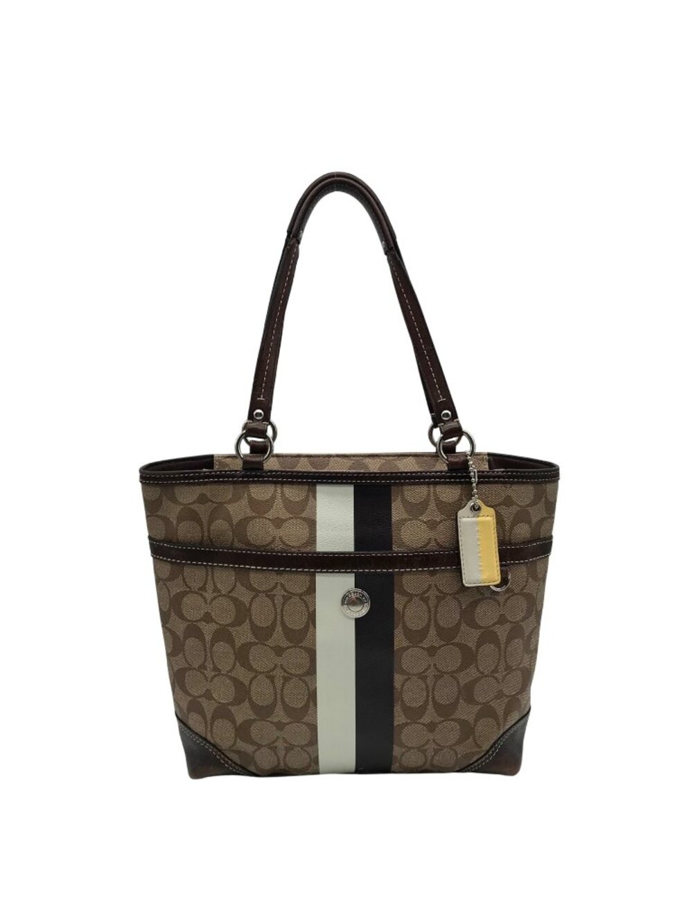 Coach Brown Coated Monogram Canvas Heritage Stripe Tote Bag F14477